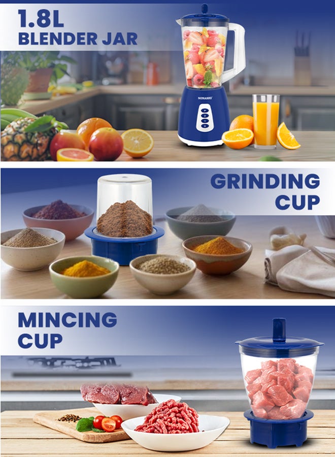 SONASHI 3-in-1 Blender / Grinder & Mincer | 600W |1.8L Unbreakable Jar, Grinding & Chopping Cups |6 Pcs Stainless Steel Blades, 2-Speed & Pulse Setting | Overheat Protection|  Best for Spice Grinding, Smoothie Making, Mincing & Blending | SB-195 Blue 1.5 L 600 W SB-195 - BLUE Blue - Image 2