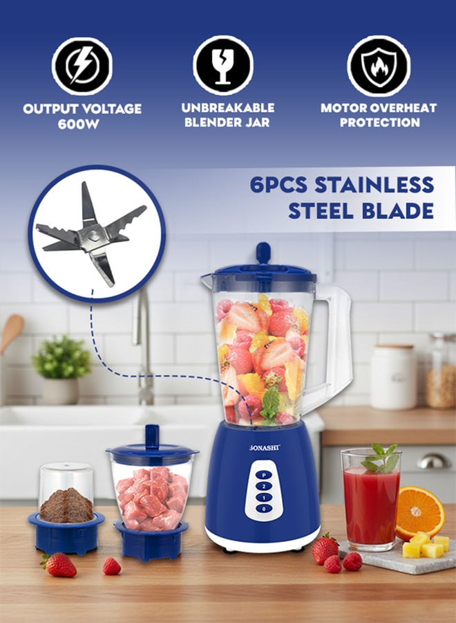 SONASHI 3-in-1 Blender / Grinder & Mincer | 600W |1.8L Unbreakable Jar, Grinding & Chopping Cups |6 Pcs Stainless Steel Blades, 2-Speed & Pulse Setting | Overheat Protection|  Best for Spice Grinding, Smoothie Making, Mincing & Blending | SB-195 Blue 1.5 L 600 W SB-195 - BLUE Blue - Image 5