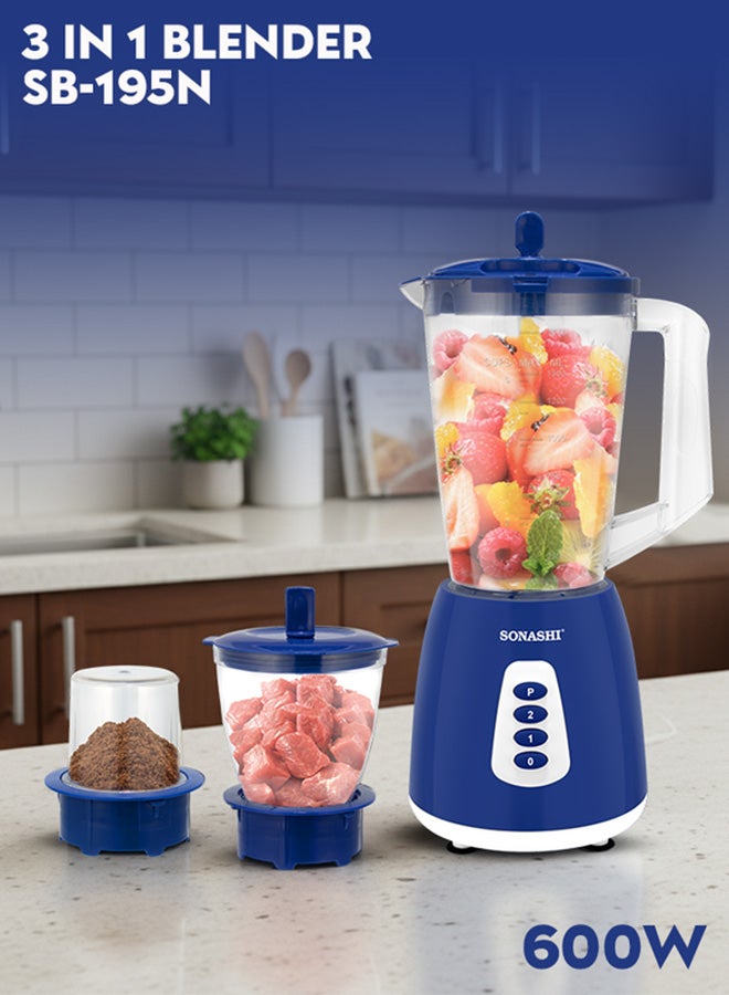 SONASHI 3-in-1 Blender / Grinder & Mincer | 600W |1.8L Unbreakable Jar, Grinding & Chopping Cups |6 Pcs Stainless Steel Blades, 2-Speed & Pulse Setting | Overheat Protection|  Best for Spice Grinding, Smoothie Making, Mincing & Blending | SB-195 Blue 1.5 L 600 W SB-195 - BLUE Blue - Image 1