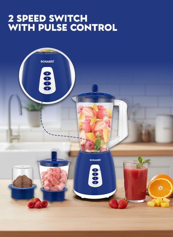 SONASHI 3-in-1 Blender / Grinder & Mincer | 600W |1.8L Unbreakable Jar, Grinding & Chopping Cups |6 Pcs Stainless Steel Blades, 2-Speed & Pulse Setting | Overheat Protection|  Best for Spice Grinding, Smoothie Making, Mincing & Blending | SB-195 Blue 1.5 L 600 W SB-195 - BLUE Blue - Image 3