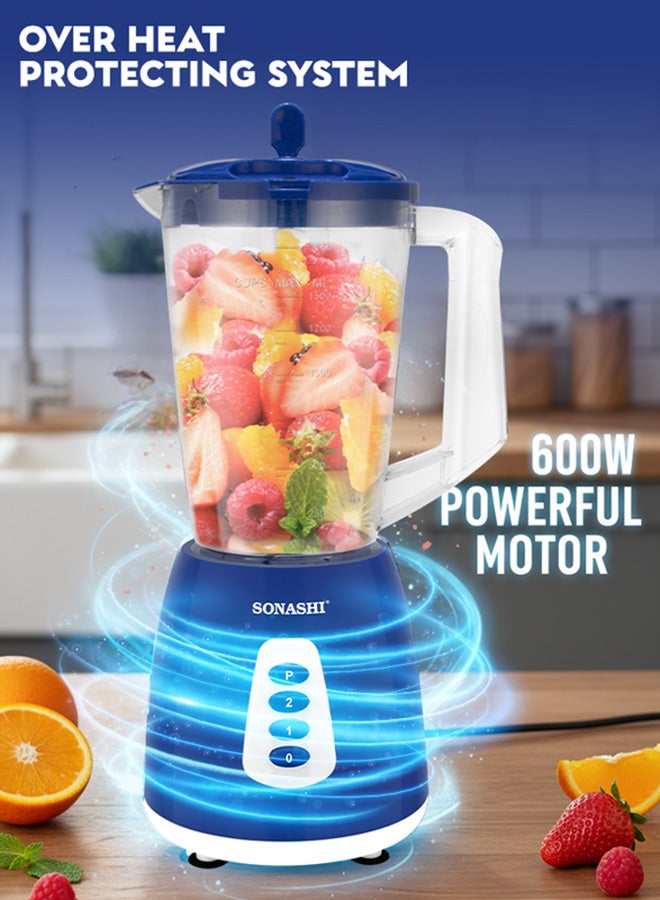 SONASHI 3-in-1 Blender / Grinder & Mincer | 600W |1.8L Unbreakable Jar, Grinding & Chopping Cups |6 Pcs Stainless Steel Blades, 2-Speed & Pulse Setting | Overheat Protection|  Best for Spice Grinding, Smoothie Making, Mincing & Blending | SB-195 Blue 1.5 L 600 W SB-195 - BLUE Blue - Image 4