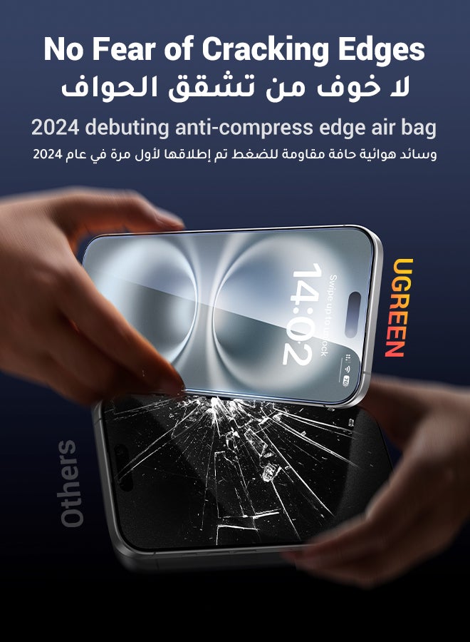 يو جرين - قطعتان من واقي الشاشة عالي الدقة لهاتف آيفون 16 15 مقاس 6.1 بوصة شفاف, إطار سهل التركيب, حماية عسكرية, مقاوم للخدش ومضاد لبصمات الأصابع وخالٍ من الفقاعات وطبقة زجاجية مقواة 9H لهاتف آيفون 16 15 شفاف - Image 1