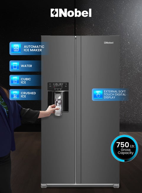 750L Gross /501L Net Capacity Side By Side Refrigerator, No Frost, R600a Refrigerant, External Digital Display, LED Lights, Automatic Ice Maker, Super Freeze, Door Alarm, Energy Efficient, Inox Finish NR800SIM Inox