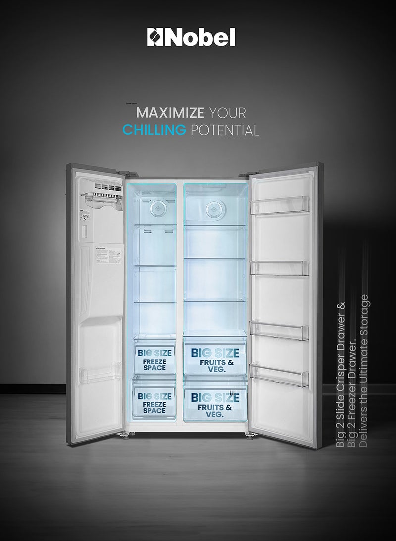 750L Gross /501L Net Capacity Side By Side Refrigerator, No Frost, R600a Refrigerant, External Digital Display, LED Lights, Automatic Ice Maker, Super Freeze, Door Alarm, Energy Efficient, Inox Finish NR800SIM Inox