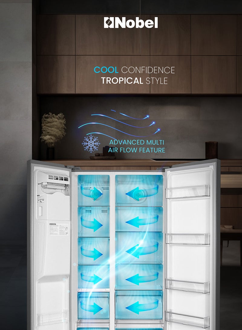 750L Gross /501L Net Capacity Side By Side Refrigerator, No Frost, R600a Refrigerant, External Digital Display, LED Lights, Automatic Ice Maker, Super Freeze, Door Alarm, Energy Efficient, Inox Finish NR800SIM Inox