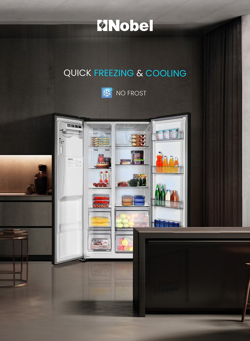 750L Gross /501L Net Capacity Side By Side Refrigerator, No Frost, R600a Refrigerant, External Digital Display, LED Lights, Automatic Ice Maker, Super Freeze, Door Alarm, Energy Efficient, Inox Finish NR800SIM Inox