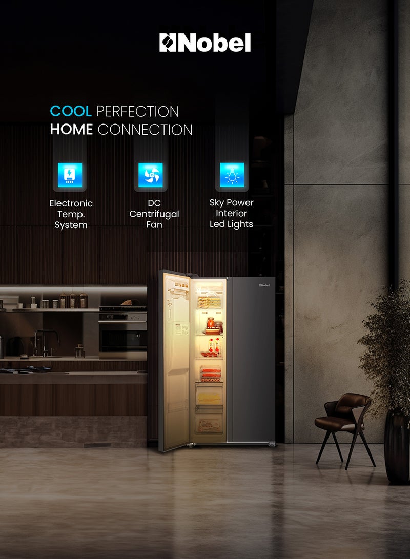 750L Gross /501L Net Capacity Side By Side Refrigerator, No Frost, R600a Refrigerant, External Digital Display, LED Lights, Automatic Ice Maker, Super Freeze, Door Alarm, Energy Efficient, Inox Finish NR800SIM Inox
