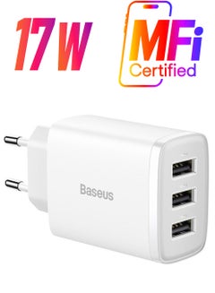 بيسوس شاحن حائط USB-A، محول شاحن USB بثلاثة منافذ بقوة 17 وات لهاتف iPhone 14/13/12/11/Pro/Pro Max/Mini، iPad Pro، Samsung Galaxy S21، Google Pixel 6، قابس الاتحاد الأوروبي باللون الأبيض  - Image 1