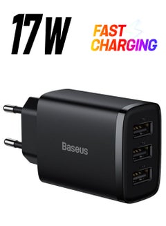 بيسوس USB-A Wall Charger, USB Charger Adapter 3-Port 17W for iPhone 14/13/12/11/Pro/Pro Max/Mini, iPad Pro, Samsung Galaxy S21, Google Pixel 6,EU Plug Black Black  - Image 1