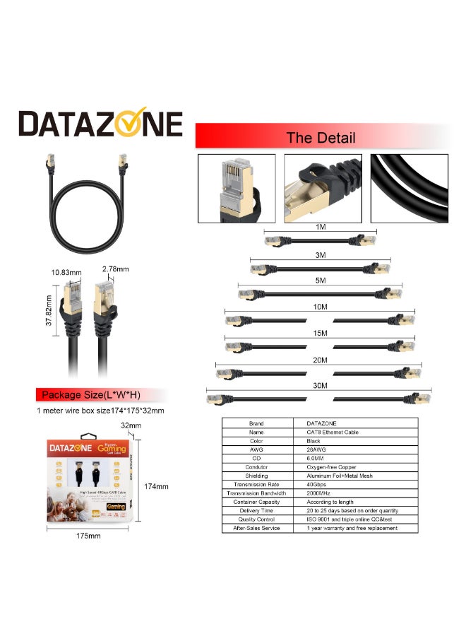 Datazone - Cat8 3M Ethernet Cable High Speed 40Gbps 2000MHz Compatible with Gaming Switch PC PS5 PS4 Xbox Modem Router WIFI Extender Patch Panel Black - Image 1