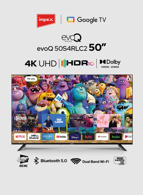 50 Inch 4K Ultra HD Smart Google LED TV With Free Wall Mount, Dolby Vision Atmos, Support Wi-Fi, Bluetooth, Optical, HDMI ARC With eARC, HDR10, DVB T2/S2,With Voice Remote, EvoQ 50S4RLC2 Black