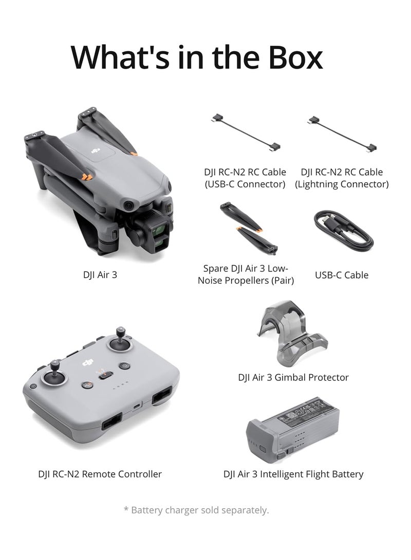 dji - Air 3 (RC-N2), Drone With Tele & Wide-Angle Dual Cameras, 46-Min Flight Time, Obstacle Sensing, 48MP Photos, 4K/60fps HDR Video, MOIAT Certified - UAE Version With Official Warranty Support - Image 1