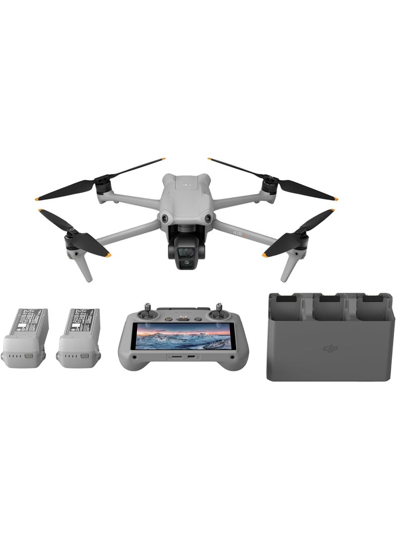 مجموعة Air 3 Fly More Combo مع RC 2، طائرة بدون طيار مزودة بكاميرات أساسية مزدوجة عن بعد وواسعة الزاوية بدقة 4K HDR، ومدة طيران تبلغ 46 دقيقة، وبطاريتين إضافيتين، ومعتمدة من MOIAT - إصدار دولة الإمارات العربية المتحدة مع دعم الضمان الرسمي