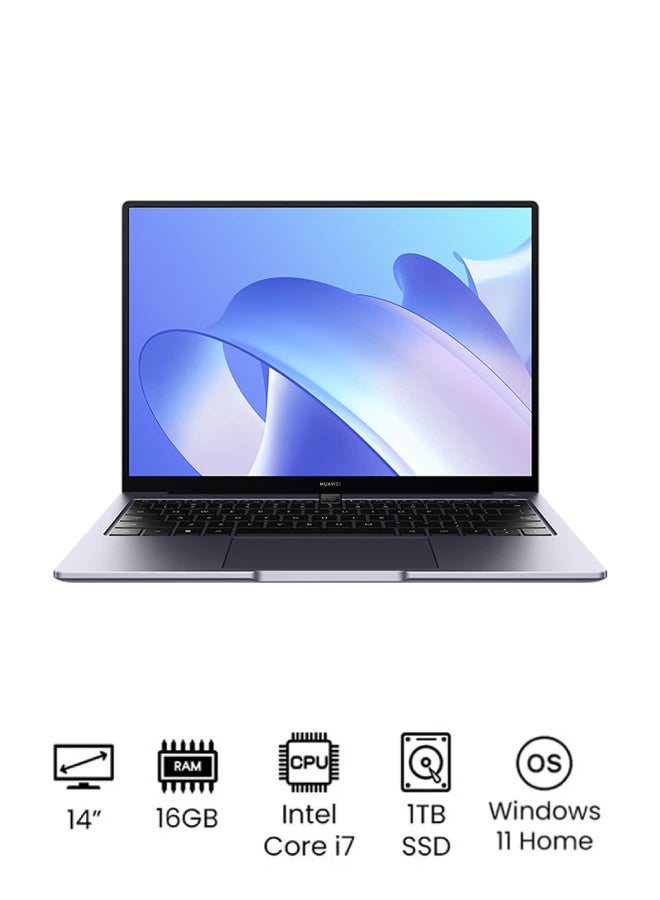 MateBook 14 Laptop With 14-Inch Display, Core i7-1360P Processor/16GB RAM/1TB SSD/Intel UHD Graphics/Windows 11 Home English/Arabic Space Gray - pnsku/N53422803A/45/_/1711412124/e84c4f00-1023-4c9e-a949-69a4b5677f17