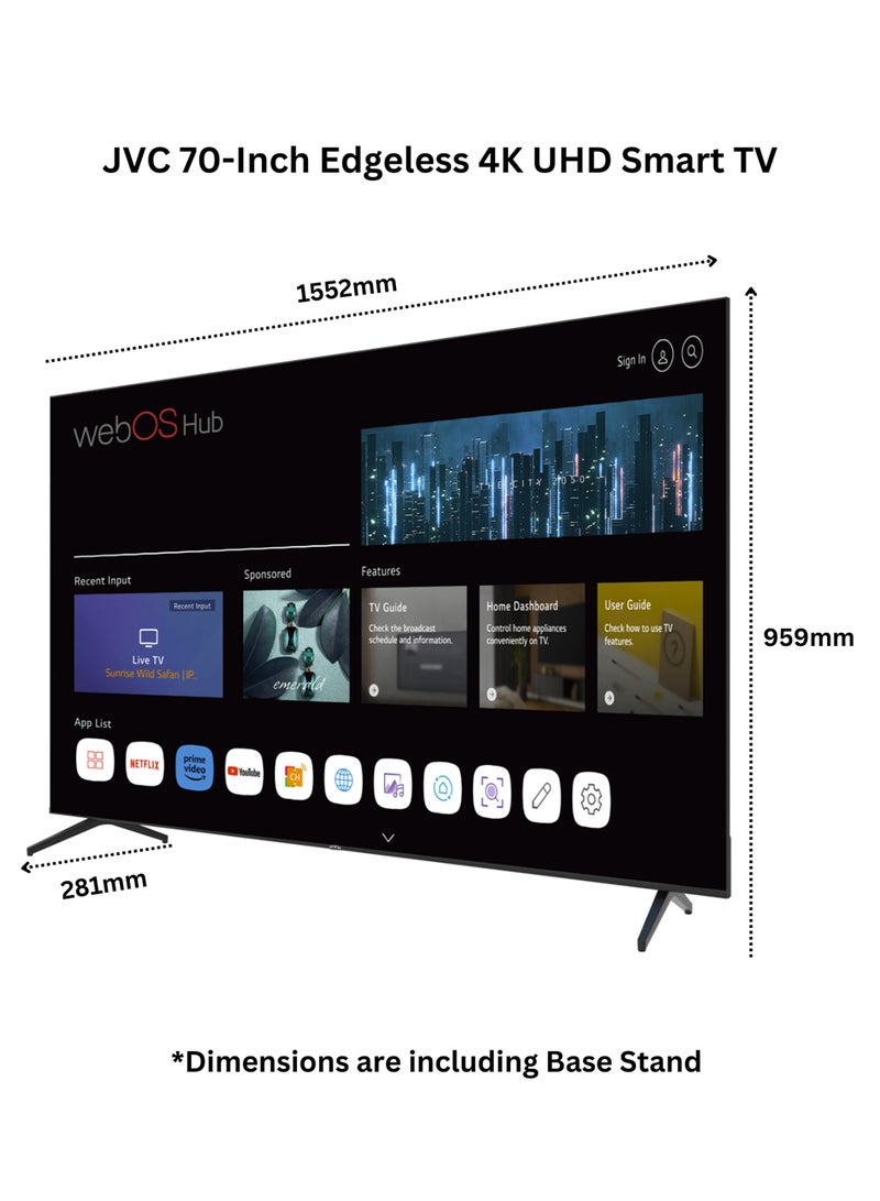 جي في سي تلفزيون ذكي 70 بوصة بدون حواف 4K UHD WebOS Hub مع بلوتوث، صوت دولبي، DVB T2/S2، جهاز تحكم عن بعد سحري  - Image 3