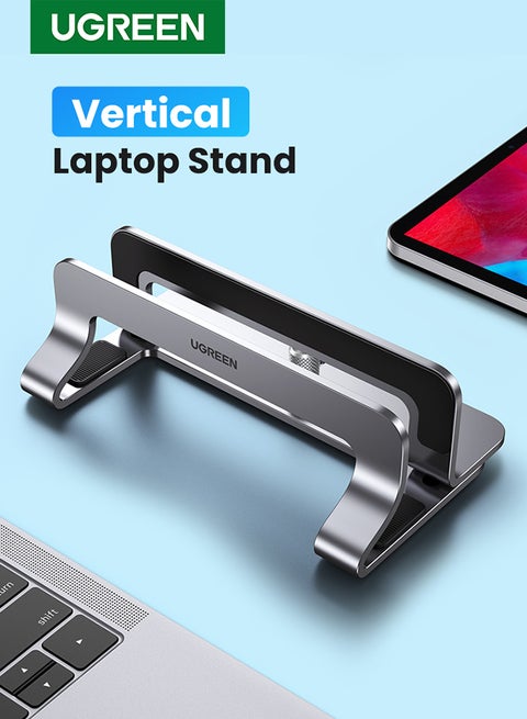 Aluminum Vertical Laptop And Double Desktop Stand Holder With Adjustable Dock Space-Saving Anti Slide Silicone Grips Silver