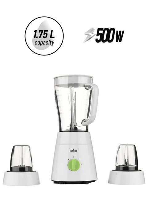 Blender 3 in 1, 2 Speeds, Pulse Function, Multi Mill, Grinder Mill, 1.75 L 500 W JB0123WH White/Green