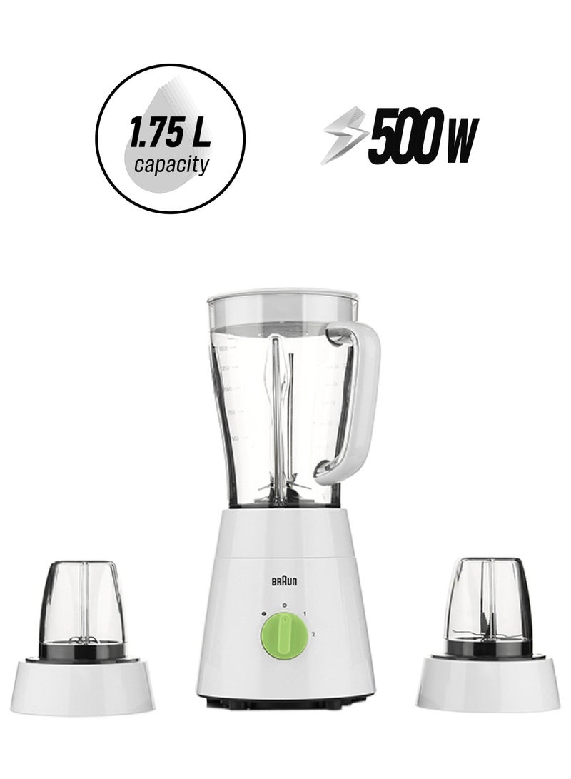 BRAUN - Blender 3 in 1, 2 Speeds, Pulse Function, Multi Mill, Grinder Mill, 1.75 L 500 W JB0123WH White/Green - Image 1