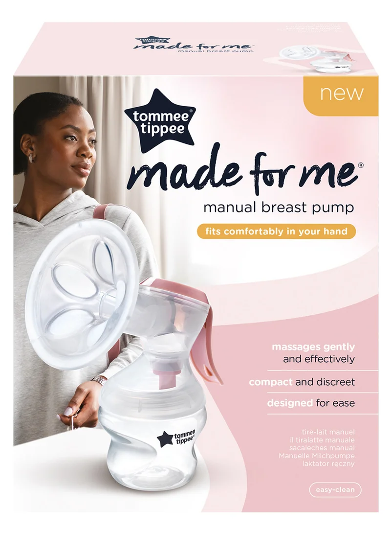 تومي تيبي Made for Me Single Manual Breast Pump, Strong Suction, Soft Feel, Ergonomic Handle, Portable and Quiet Breastmilk Pump, Baby Bottle Included, One Size