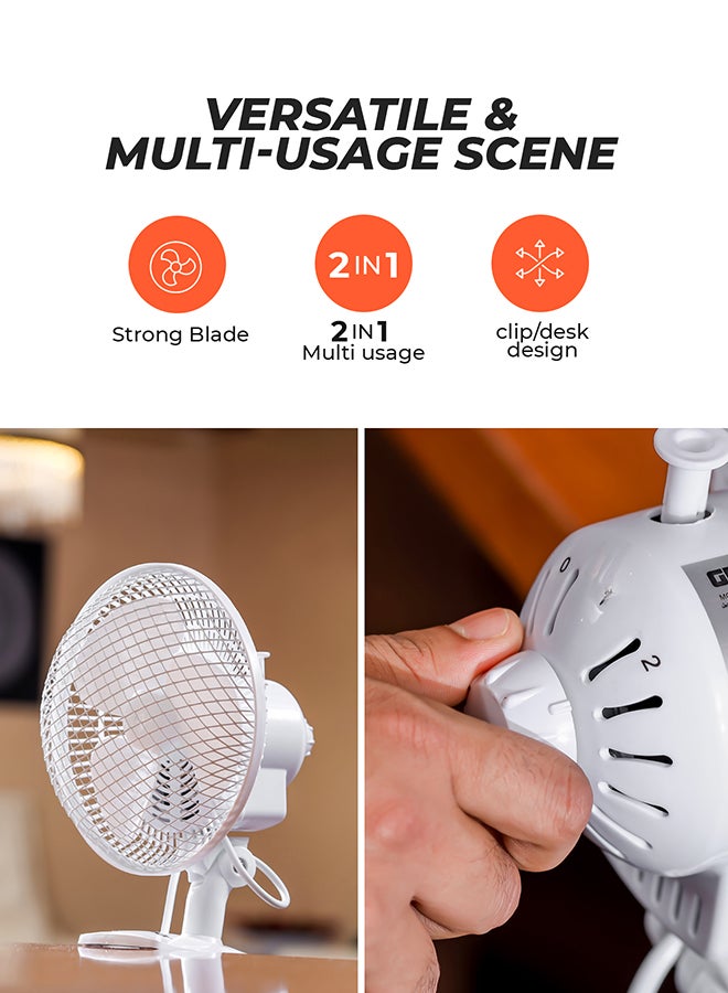 2-in-1 Desk Fan with Oscillation, Plastic Clip Fan with 3 Blades and Safety Grill/ GF9626NV White - view 5