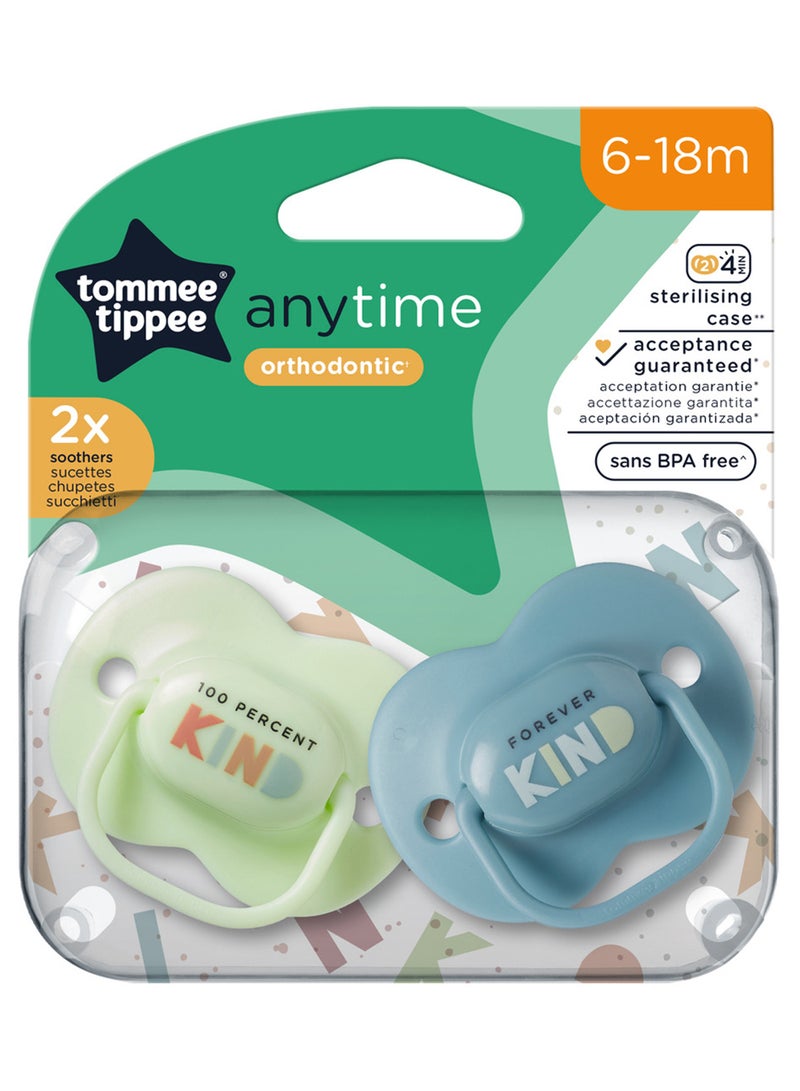 tommee tippee - Pack Of 2 Symmetrical Orthodontic Design Anytime Soothers, BPA-Free Silicone Baglet 6-18M, Colours And Designs Vary - Image 1