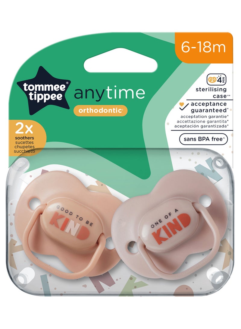 tommee tippee - Pack Of 2 Symmetrical Orthodontic Design Anytime Soothers, BPA-Free Silicone Baglet 6-18M, Colours And Designs Vary - Image 1