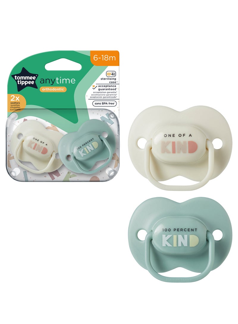 tommee tippee - Pack Of 2 Symmetrical Orthodontic Design Anytime Soothers, BPA-Free Silicone Baglet 6-18M, Colours And Designs Vary - Image 1