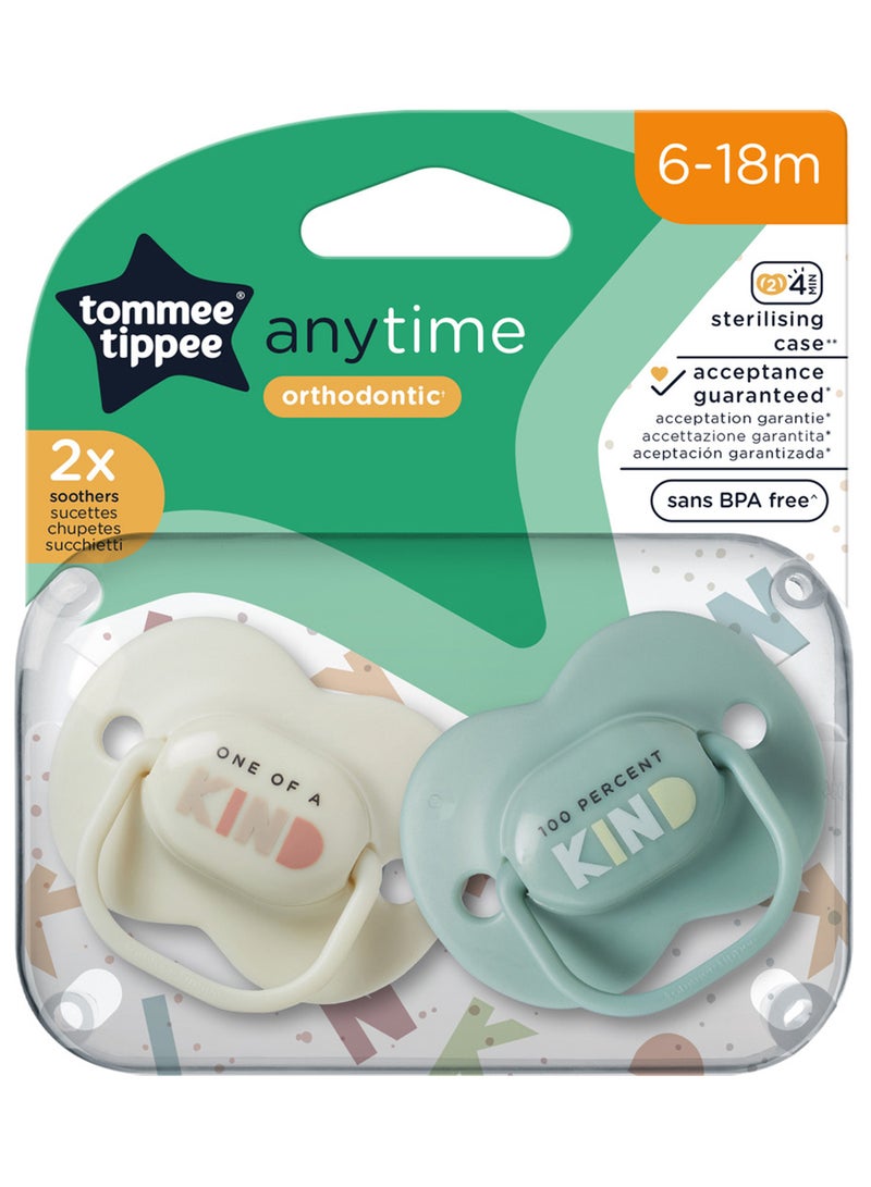 tommee tippee - Pack Of 2 Symmetrical Orthodontic Design Anytime Soothers, BPA-Free Silicone Baglet 6-18M, Colours And Designs Vary - Image 1