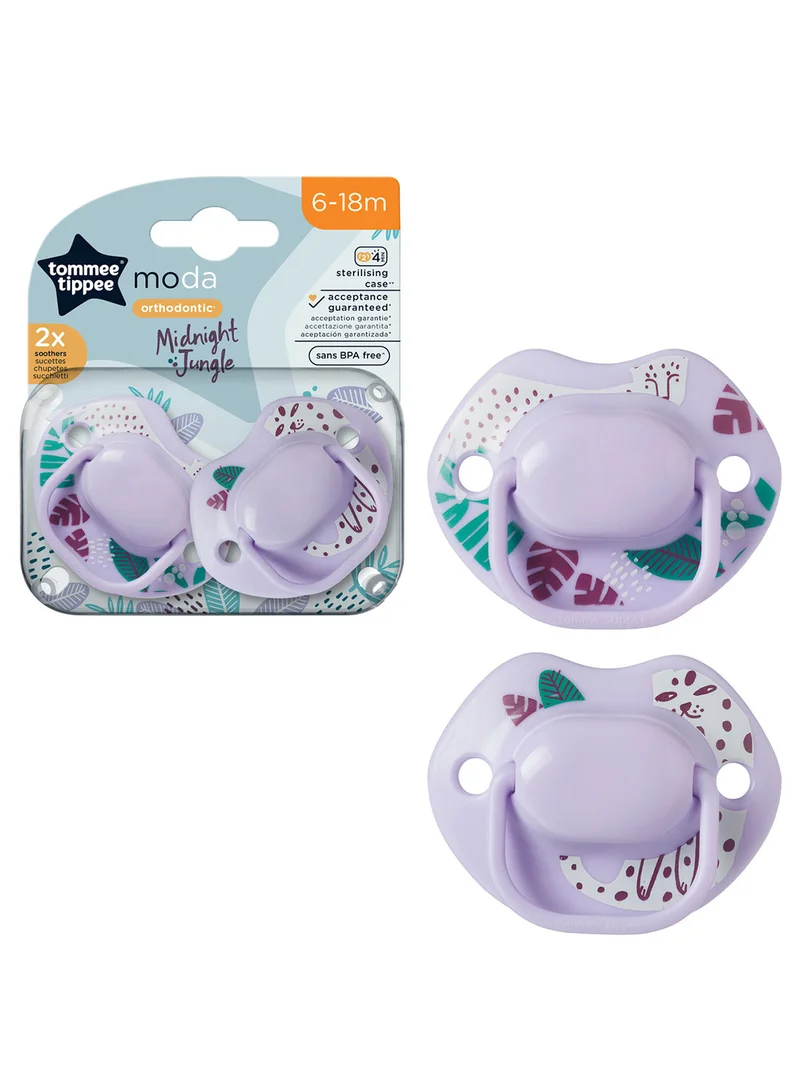 tommee tippee Pack Of 2 Moda Soothers, Symmetrical Orthodontic Design 6-18 Months, Colours And Designs Vary