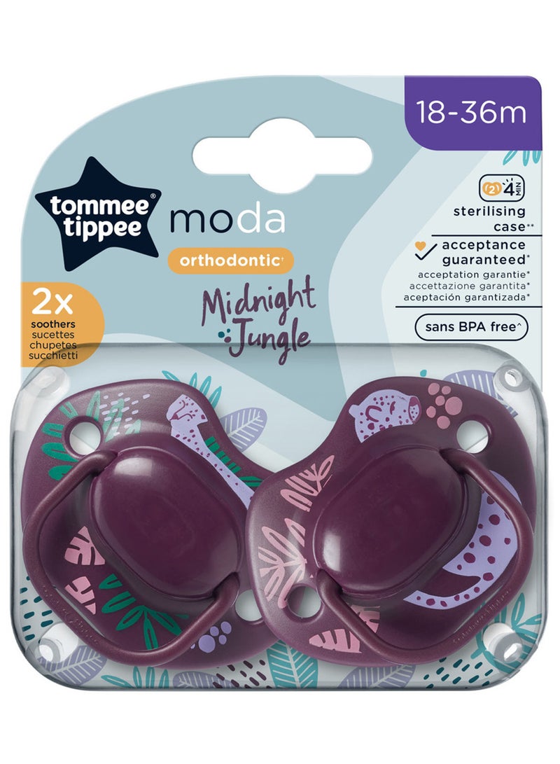 tommee tippee - Pack Of 2 Moda Soothers Symmetrical Orthodontic Design BPA-Free Silicone 18-36 Months, Colours And Designs Vary Multicolour - Image 1
