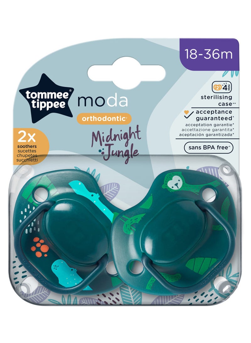 tommee tippee - Pack Of 2 Moda Soothers Symmetrical Orthodontic Design BPA-Free Silicone 18-36 Months, Colours And Designs Vary Multicolour - Image 1