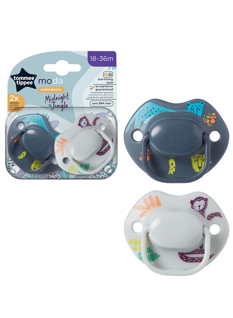 tommee tippee - Pack Of 2 Moda Soothers Symmetrical Orthodontic Design BPA-Free Silicone 18-36 Months, Colours And Designs Vary Multicolour - Image 1