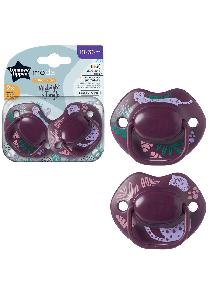 tommee tippee - Pack Of 2 Moda Soothers Symmetrical Orthodontic Design BPA-Free Silicone 18-36 Months, Colours And Designs Vary Multicolour - Image 1