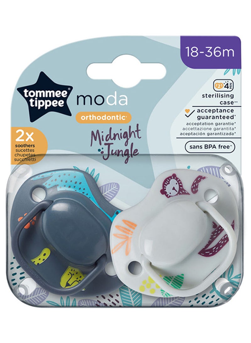 tommee tippee - Pack Of 2 Moda Soothers Symmetrical Orthodontic Design BPA-Free Silicone 18-36 Months, Colours And Designs Vary Multicolour - Image 1