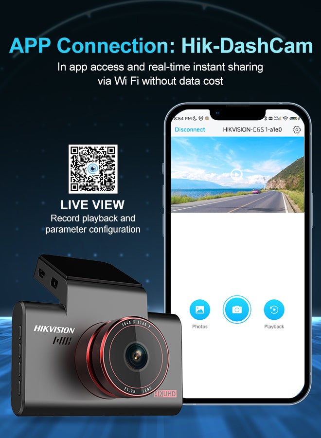 HIKVISION - C6S 4K Dash Cam, Front Channel, 3 inch screen, APP, ADAS, GPS, Voice Control, Loop recording, Built-in super capacitor - Image 1