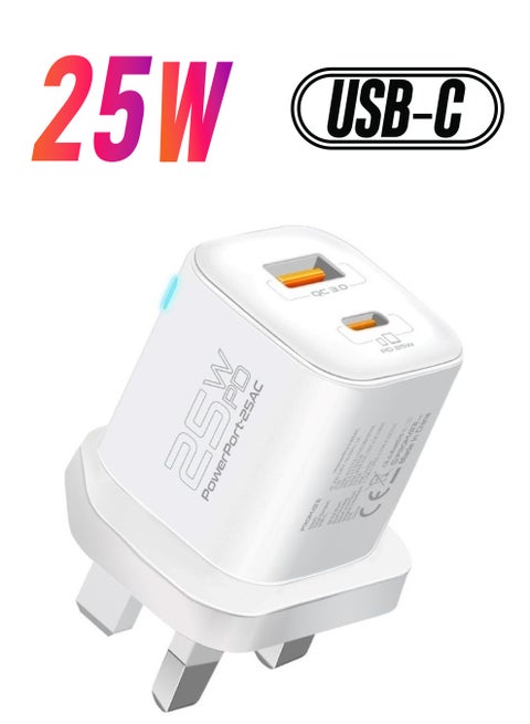 iPhone 16 Charger,Compact 25W USB-C Power Delivery AC Charger With 18W QC 3.0 Adaptive Smart Charging And Short-Circuit Protection Galaxy S25, iPad Air - White