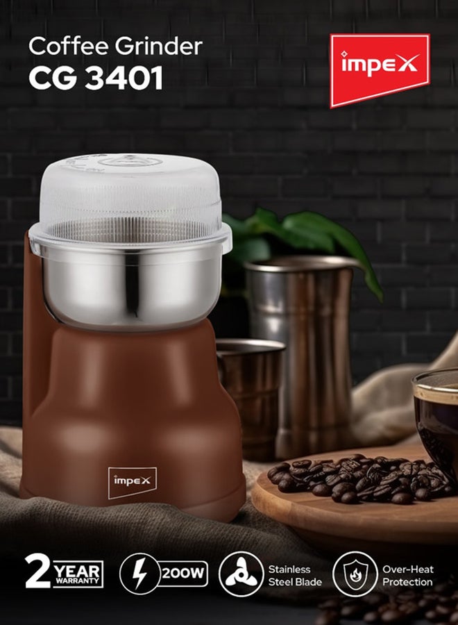 Impex Stainless Steel Coffee Grinder, 200W Power, Overheat Protection, Easy Operation, 2-Year Warranty And 220-240V AC 200 W CG 3401 Brown  - Image 2