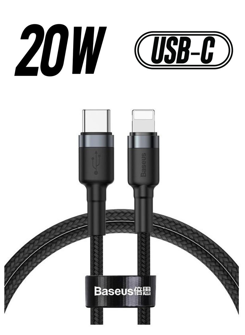 Baseus - 1M USB C To Lightning 20W QC3.0 Power Delivery Nylon Braided Cable For Iphone 14 13 13 Pro 12 Pro Max 12 11 X XS XR 8 Plus iPad Black - Image 1