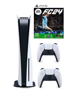 وحدة تحكم بلاي ستيشن 5 مع وحدتي تحكم DuelSense وEA FC 24