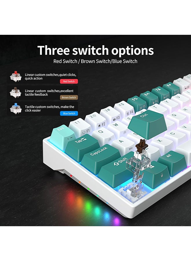 Royal Kludge - RK ROYAL KLUDGE RK71 Gaming Keyboard, White/Green, The Newest 71-Key Design Wireless Keyboard, 3 Modes Connectivity Mechanical Keyboard, Individually Backlit RGB Keys, Programmable Macro Functionality- Brown Switch - Image 1