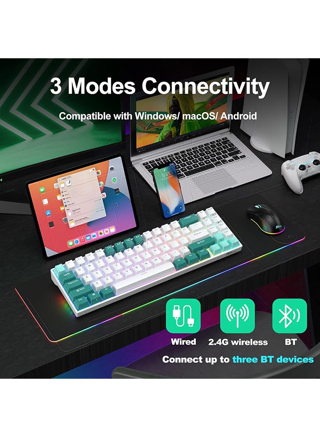 Royal Kludge - RK ROYAL KLUDGE RK71 Gaming Keyboard, White/Green, The Newest 71-Key Design Wireless Keyboard, 3 Modes Connectivity Mechanical Keyboard, Individually Backlit RGB Keys, Programmable Macro Functionality- Brown Switch - Image 1