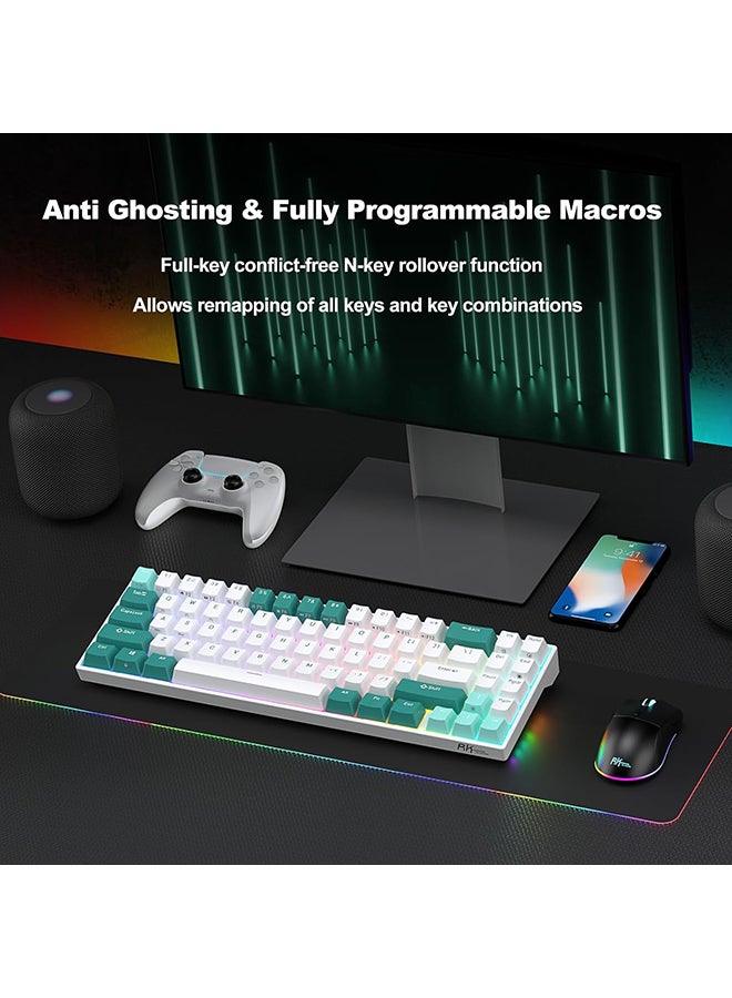 Royal Kludge - RK ROYAL KLUDGE RK71 Gaming Keyboard, White/Green, The Newest 71-Key Design Wireless Keyboard, 3 Modes Connectivity Mechanical Keyboard, Individually Backlit RGB Keys, Programmable Macro Functionality- Brown Switch - Image 1