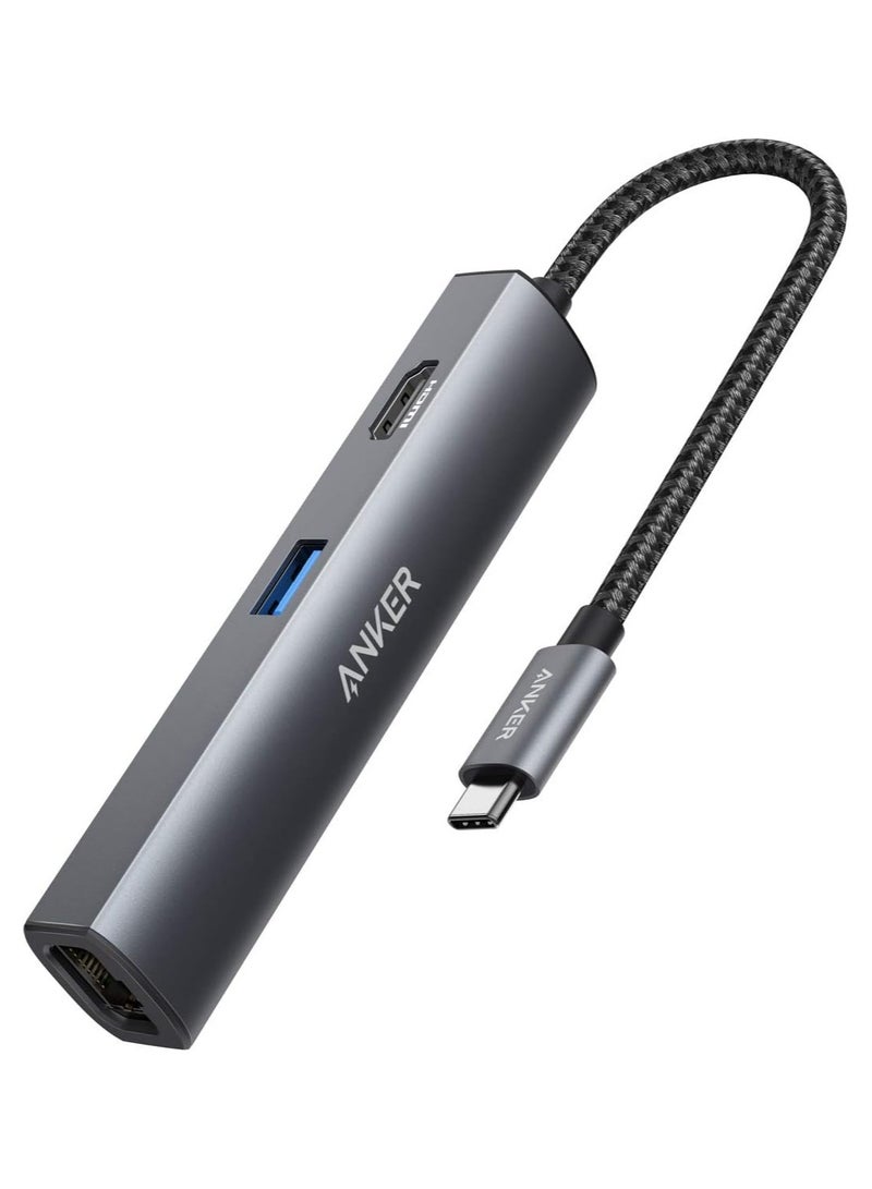 Anker - USB C Hub Adapter, 5-in-1 USB C Adapter with 4K USB C to HDMI, Ethernet Port, 3 USB 3.0 Ports, for MacBook Pro, iPad Pro, XPS, Pixelbook, and More Gray - Image 1