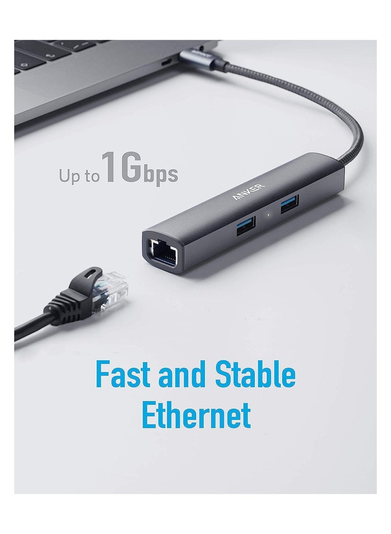 Anker - USB C Hub Adapter, 5-in-1 USB C Adapter with 4K USB C to HDMI, Ethernet Port, 3 USB 3.0 Ports, for MacBook Pro, iPad Pro, XPS, Pixelbook, and More Gray - Image 1