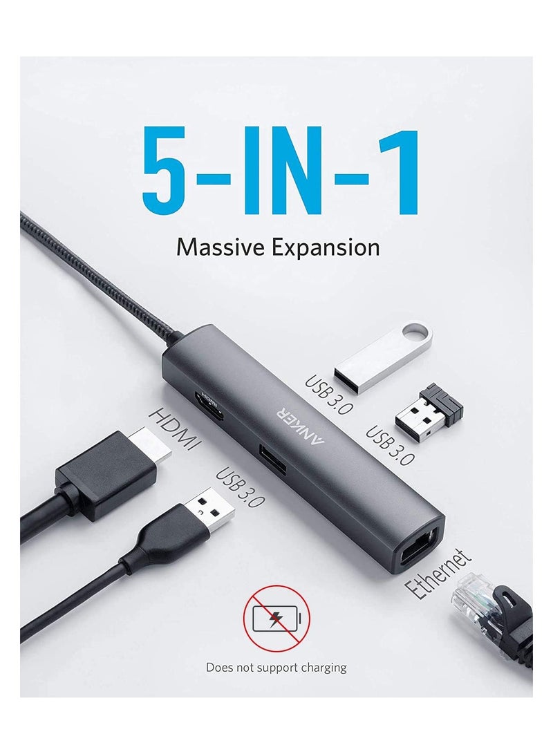 Anker - USB C Hub Adapter, 5-in-1 USB C Adapter with 4K USB C to HDMI, Ethernet Port, 3 USB 3.0 Ports, for MacBook Pro, iPad Pro, XPS, Pixelbook, and More Gray - Image 1