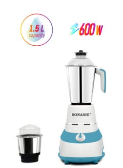 SONASHI 2-in-1 Mixer Grinder with Powerful Hybrid Motor - 3 Speed Control with Overheat Protection | 2 Stainless Steel Jars for Wet/Dry Grinding Liquidizing with Durable Lids 1.5 L 600 W SB-185 Blue  - Image 1