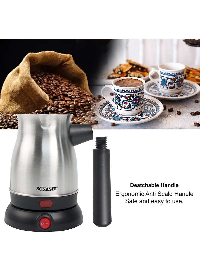SONASHI 800W Turkish Coffee Maker / Pot | 800 ML | 360-Degree Cordless Base with Removable Handle | Auto Shut Off | Brew Upto 6 to 8 Cups | Ideal for Office & Home Use | STCM-4972 Silver/Black STCM-4972 Silver/Black - Image 5