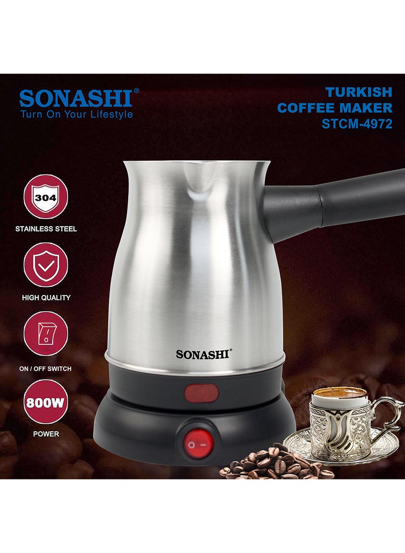 SONASHI 800W Turkish Coffee Maker / Pot | 800 ML | 360-Degree Cordless Base with Removable Handle | Auto Shut Off | Brew Upto 6 to 8 Cups | Ideal for Office & Home Use | STCM-4972 Silver/Black STCM-4972 Silver/Black - Image 2