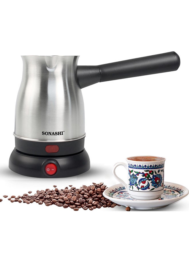 SONASHI 800W Turkish Coffee Maker / Pot | 800 ML | 360-Degree Cordless Base with Removable Handle | Auto Shut Off | Brew Upto 6 to 8 Cups | Ideal for Office & Home Use | STCM-4972 Silver/Black STCM-4972 Silver/Black - Image 1