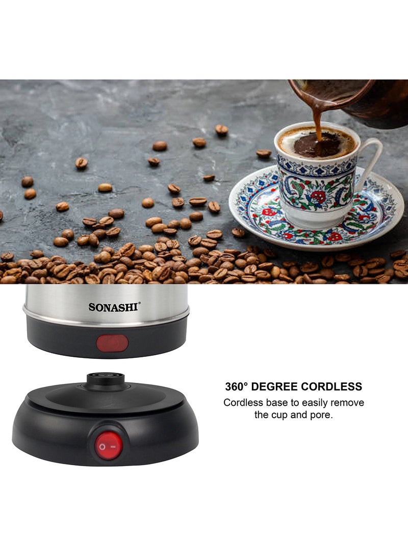 SONASHI 800W Turkish Coffee Maker / Pot | 800 ML | 360-Degree Cordless Base with Removable Handle | Auto Shut Off | Brew Upto 6 to 8 Cups | Ideal for Office & Home Use | STCM-4972 Silver/Black STCM-4972 Silver/Black - Image 4